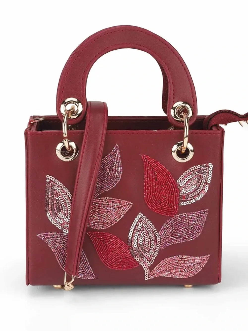 Embellished Burgundy Leaf-Accent Top-Handle Satchel